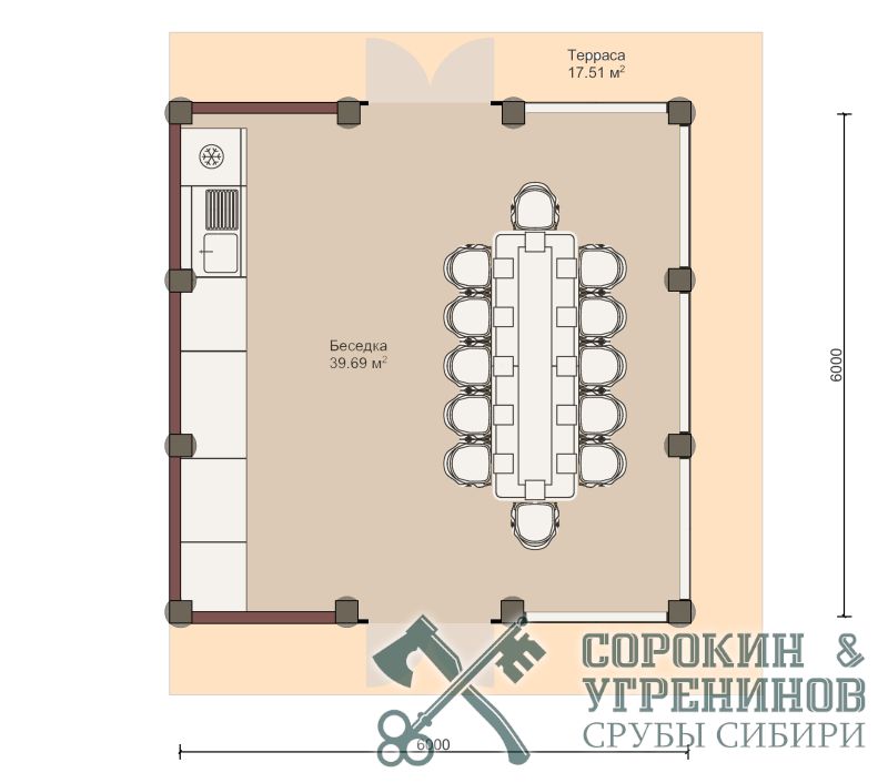 Беседка 39м2, 6х6м, бревно 400мм post&beam, беседка-барбекю Джойка