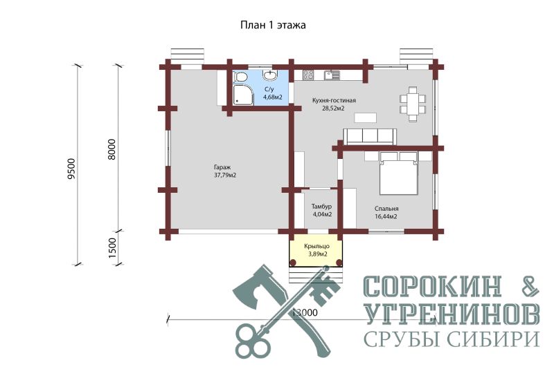 Дом 150м2, 8,35х13,35м, бревно 280мм, Шатура