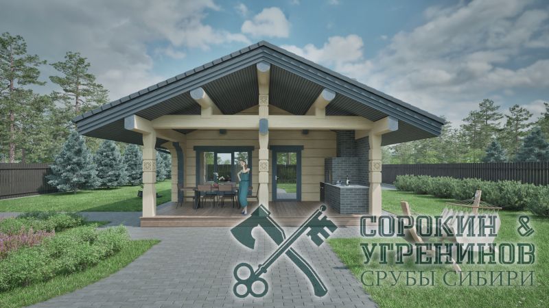 Баня Сахалин из лафета кедра 250 мм, площадь 94 кв.м., размер сруба 6,8х14,6 м