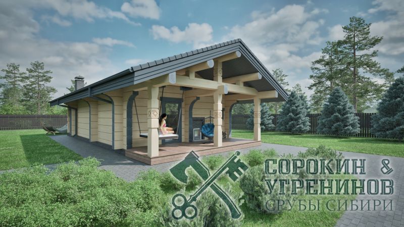 Баня Сахалин из лафета кедра 250 мм, площадь 94 кв.м., размер сруба 6,8х14,6 м