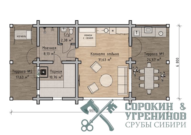 Баня Сахалин, площадь 94кв.м., размер сруба 6,8х14,6м, лафет сечением 250мм