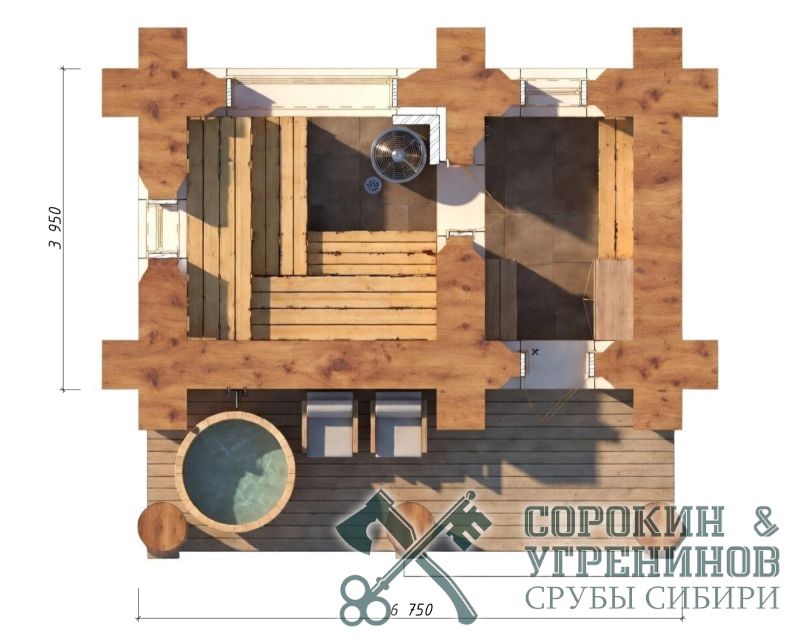 Баня Хоккайдо площадью 26 кв.м., размер сруба 5,3х6,1 метра, бревно диаметром 600 мм Баня Хоккайдо площадью 26 кв.м., размер сруба 5,3х6,1 метра, бревно диаметром 600 мм