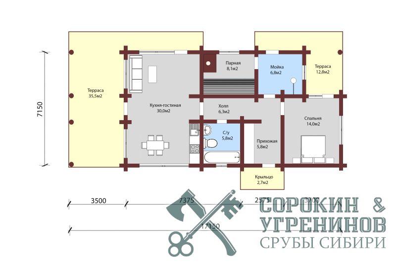 Баня Сандакчес площадью 128 кв.м., размер сруба 7,1х17,1 метра, бревно кело диаметром 300 мм