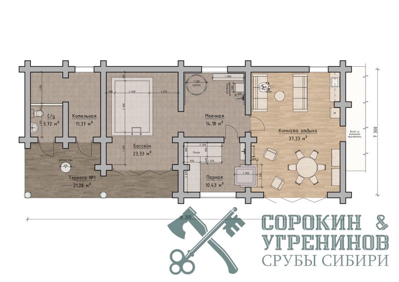 Баня Акташ площадью 144 кв.м., размер сруба 7,3х18,3 метра, бревно диаметром 300 мм