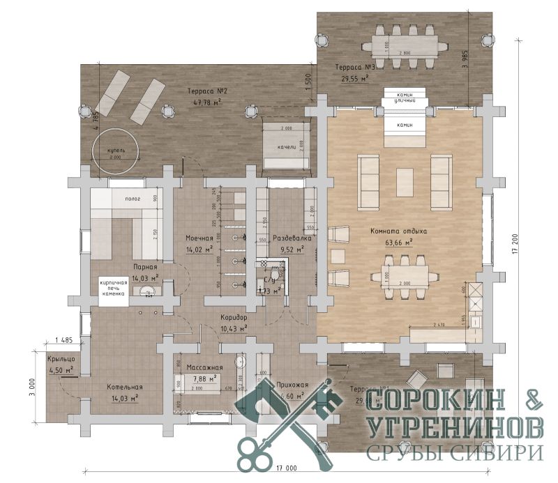 Банный комплекс Аюла площадью 253 кв.м., размер сруба 17х17 метров, бревно сечением 400 мм Банный комплекс Аюла площадью 253 кв.м., размер сруба 17х17 метров, бревно сечением 400 мм