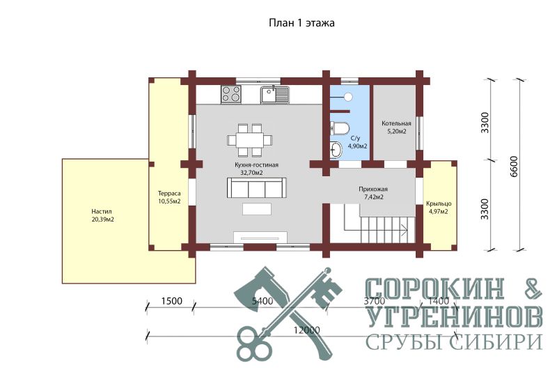 Дом Барвиха площадью 150 кв.м.,  размер сруба 6,6х12 метров,  лафет сечением 250х400мм