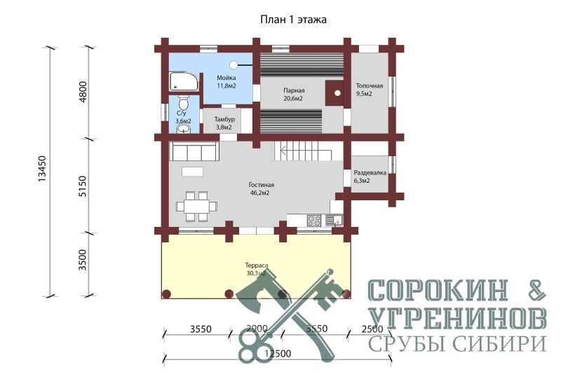 Банный комплекс Белокуриха площадью 180 кв.м., размер сруба 12,5х13,4 метра, бревно диаметром 350 мм Банный комплекс Белокуриха площадью 180 кв.м., размер сруба 12,5х13,4 метра, бревно диаметром 350 мм